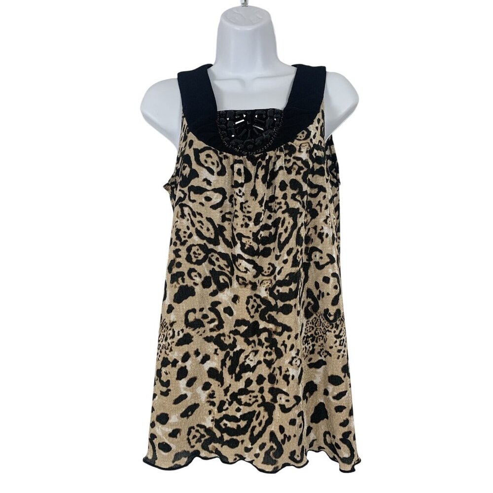 Notations Womens Animal Print Sleeveless Top With Beaded Neckline Size Medium